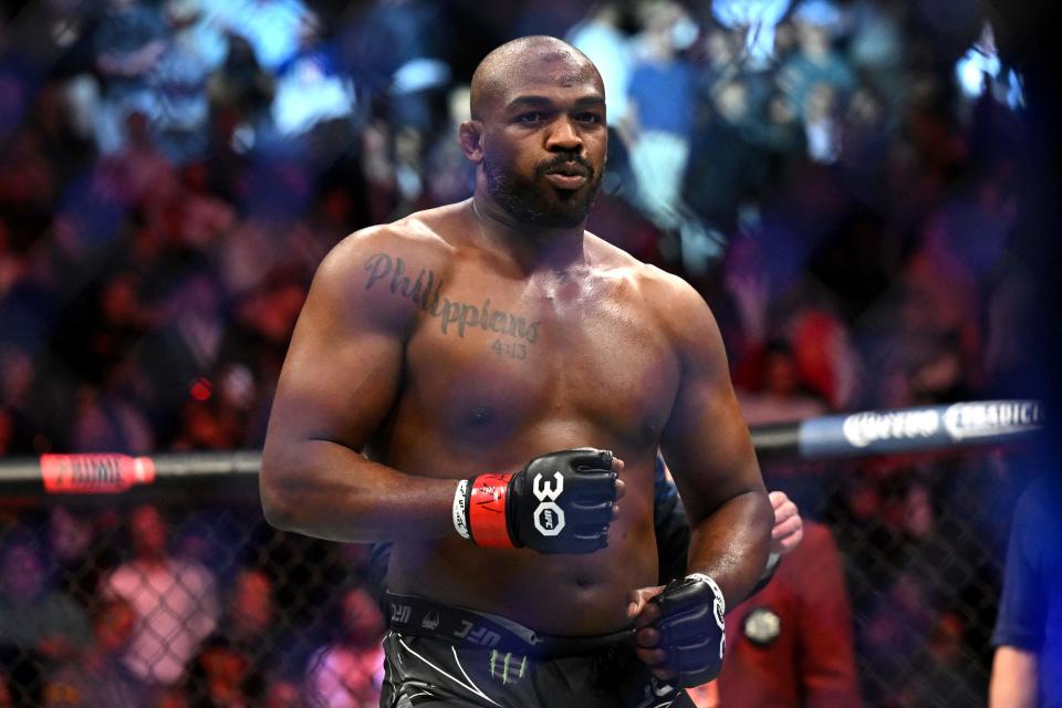 US mixed martial arts fighter Jon Jones celebrates after defeating French mixed martial arts fighter Ciryl Gane during their UFC 285 heavyweight title bout at T-Mobile Arena, in Las Vegas, Nevada, on March 4, 2023. (Photo by Patrick T. Fallon / AFP) (Photo by PATRICK T. FALLON/AFP via Getty Images) ORIG FILE ID: AFP_33AK3PQ.jpg