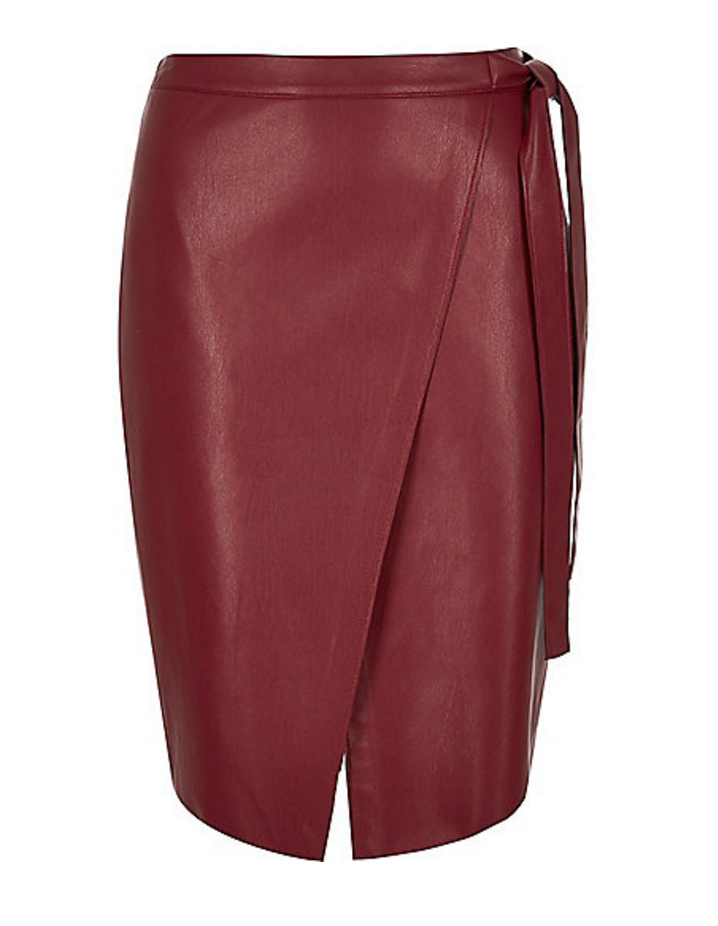 Red Leather Look Wrap Midi Skirt