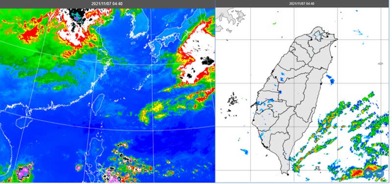 圖：今(7日)晨4：40紅外線色調強化雲圖顯示，台灣東側有鋒面殘餘的鬆散低雲(左圖)。4：40雷達回波合成圖顯示，東南方海面有降水回波(右圖)。