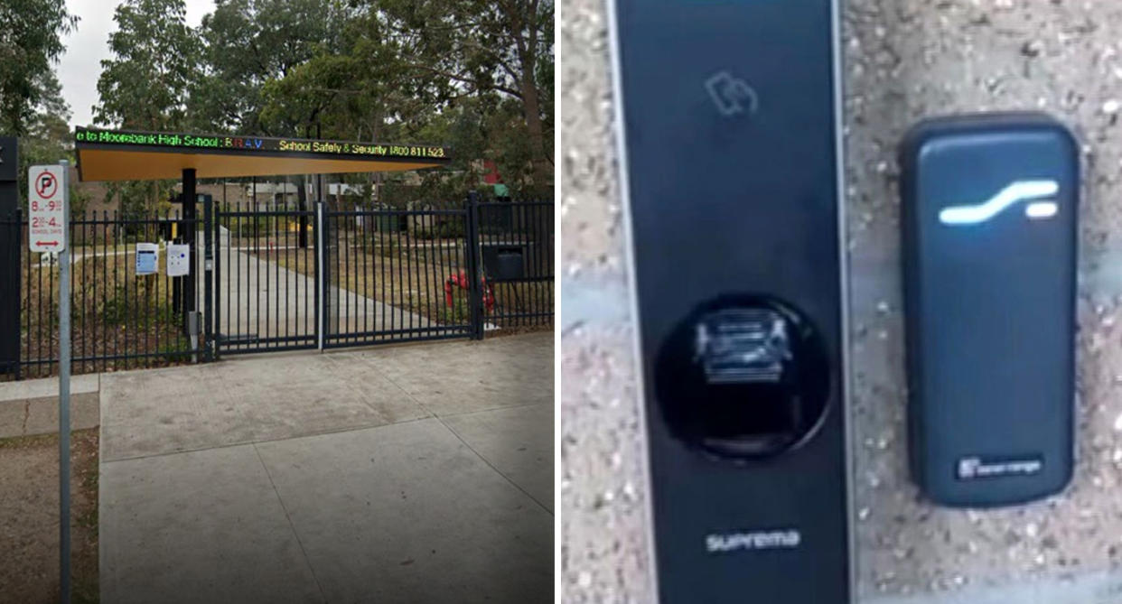 Moorebank High School's new finger scanners outside toilets. Source: Google Maps and Nine News