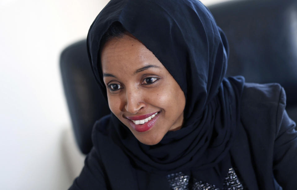 In this Jan. 5, 2017, file photo, state Rep. Ilhan Omar is interviewed in her office two days after the 2017 Legislature convened in St. Paul, Minn.