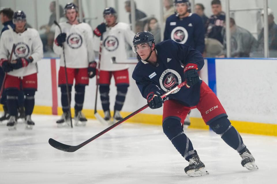 Jul. 12, 2022; Lewis Center, OH USA;  Columbus Blue Jackets defenseman Corson Ceulemans passes during development camp at the OhioHealth Chiller North in Lewis Center on July 12, 2022. Mandatory Credit: Adam Cairns-The Columbus Dispatch
