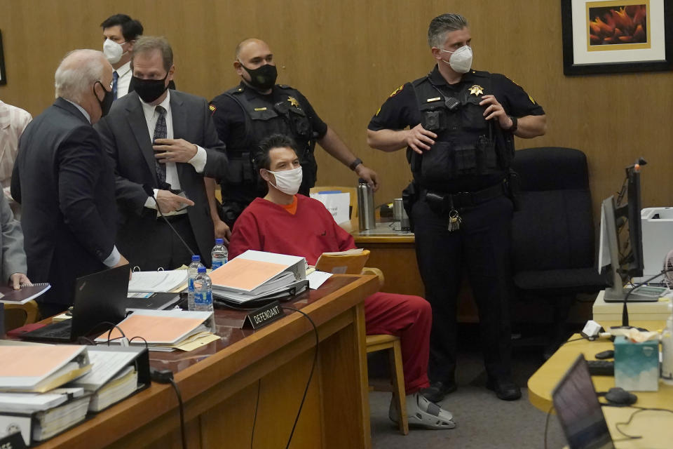 Scott Peterson, seated, prepares to leave court after a hearing at the San Mateo County Superior Court in Redwood City, Calif., Tuesday, March 1, 2022. Lawyers trying to overturn Peterson’s conviction in the slaying of his pregnant wife 20 years ago have completed their questioning without shaking a former juror. Richelle Nice is sticking to her crucial testimony that she acted properly before and during his 2004 trial. (AP Photo/Jeff Chiu, Pool)