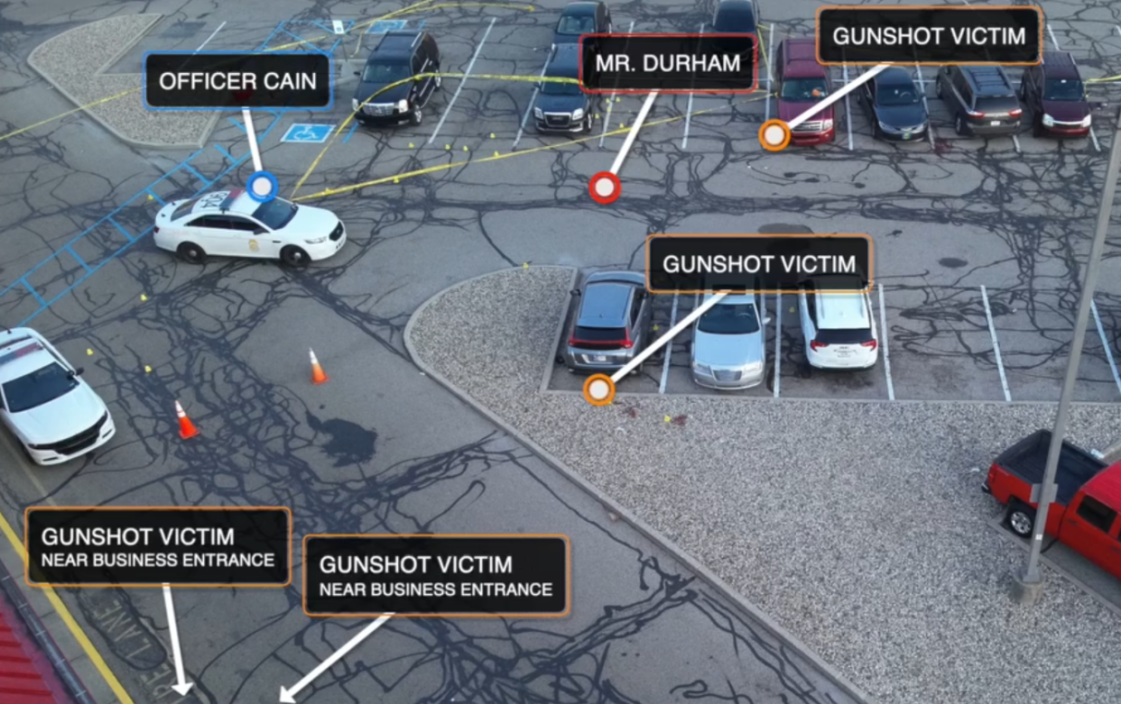 A depiction of where Officer Joel Cain stood when he returned fire on March 29, 2024 after a shooting erupted at a bar. The gunfire killed the suspected gunman, and injured five others, including another officer.