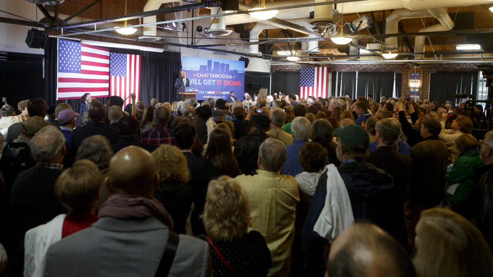 A crowd packs in to listen as Democratic presidential candidate Mike Bloomberg speaks during a rally at the Bessie Smith Cultural Center on Wednesday, Feb. 12, 2020 in Chattanooga, Tenn.