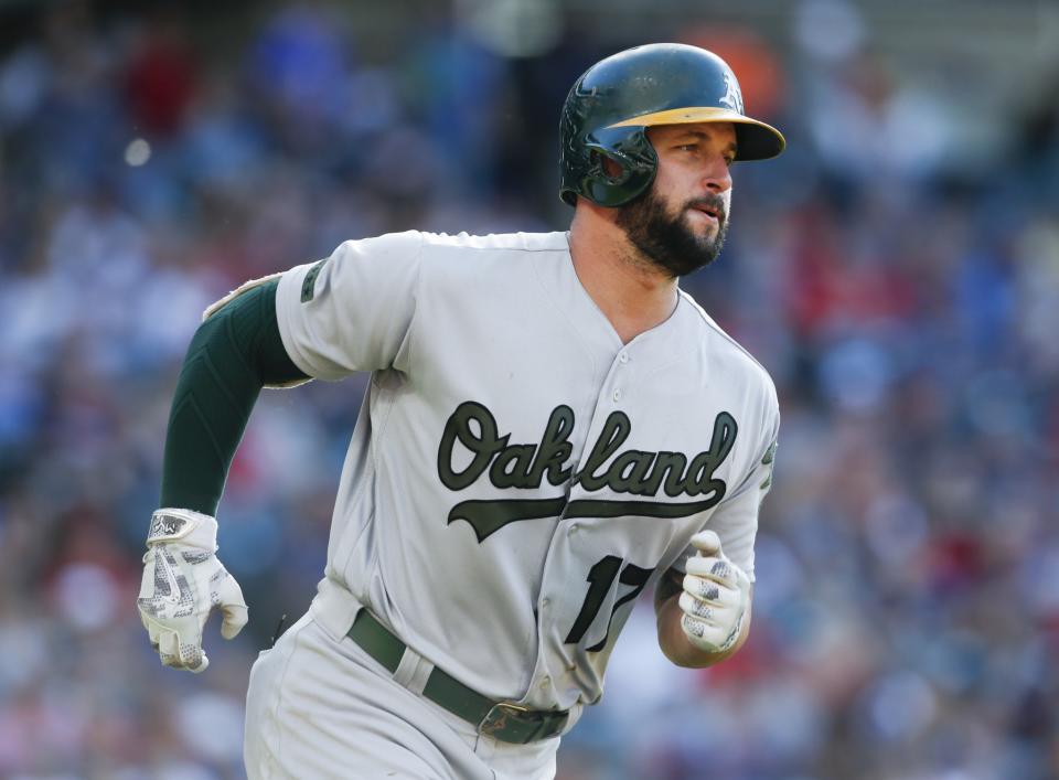 Yonder Alonso #17 of the Oakland Athletics rounds the bases after hitting a solo home run off Carlos Carrasco of the Cleveland Indians 