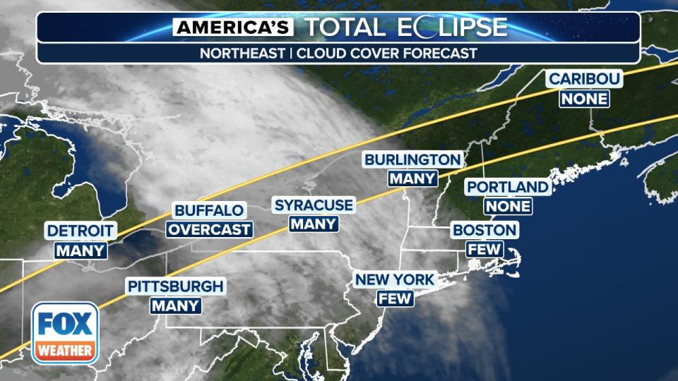 <div>Northeast regional cloud forecast during total solar eclipse on April 8, 2024. Yellow lines denote outer boundaries of totality. <strong>(FOX Weather)</strong></div>