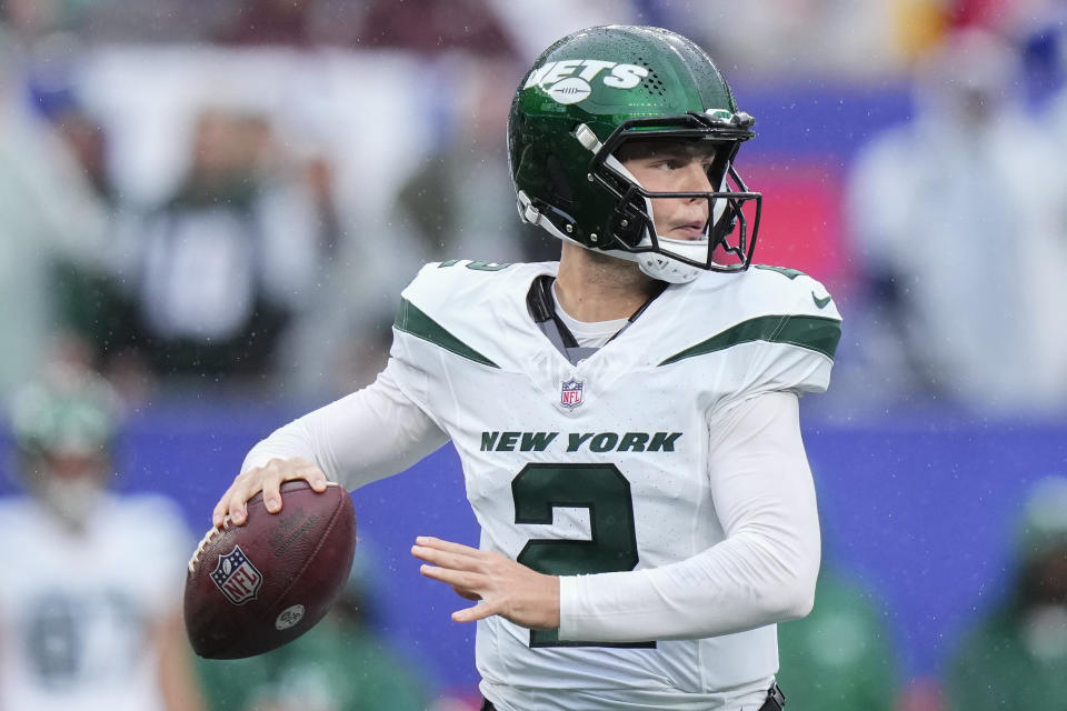 New York Jets quarterback Zach Wilson (2) passes the ball during the first half of an NFL football game against the New York Giants, Sunday, Oct. 29, 2023, in East Rutherford, N.J. (AP Photo/Frank Franklin II)