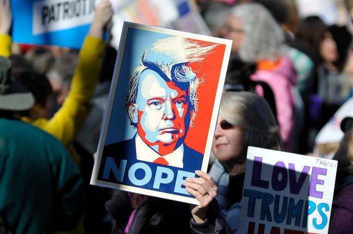 <p>Protestors gather for a “Not My Presidents Day” rally near Trump International Hotel and Tower on Central Park West in New York, Feb. 20, 2017. (Photo: Bastiaan Slabbers/NurPhoto via Getty Images) </p>