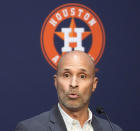 Houston Astros manager Joe Espada speaks during a press conference announcing they agreed to a five-year contract extension at Minute Maid Park on Wednesday, Feb. 7, 2024, in Houston. Houston Astros Jose Altuve and the Houston Astros agreed to a $125 million, five-year contract that covers 2025-29. The eight-time All-Star second baseman would have been eligible for free agency after this year’s World Series. (Karen Warren/Houston Chronicle via AP)