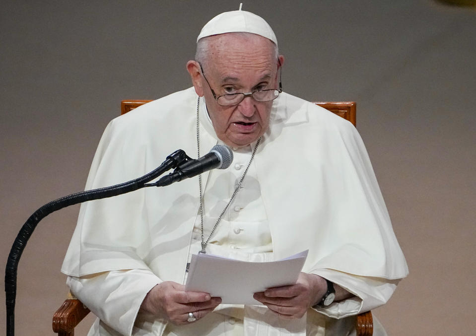 FILE - Pope Francis delivers his speech during a meeting with authorities, civil society and diplomats at Qazaq Concert Hall in Nur-Sultan, Kazakhstan, on Sept. 13, 2022. Chinese President Xi Jinping's first trip overseas since the early days of the COVID-19 pandemic will overlap with a visit by Pope Francis to Kazakhstan, although the Vatican says there are no plans for them to meet. (AP Photo/Alexander Zemlianichenko, File)