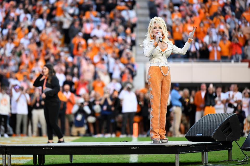 Dolly Parton at football game between Georgia Bulldogs and the Tennessee Volunteers in November 2023.