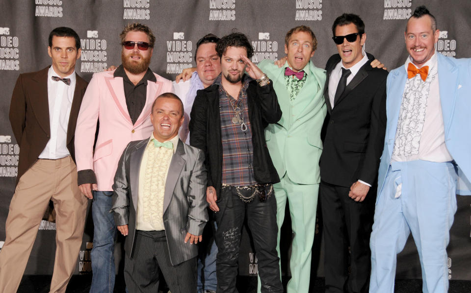 Steve-O, Wee Man, Ryan Dunn, Preston Lacy, Bam Marjera, Dave England, Johnny Knoxville and Ehren McGhehe of Jackass pose in the press room at the 2010 MTV Video Music Awards at the Nokia Theatre on September 13, 2010 in Los Angeles, CA.  (Photo by Gregg DeGuire/FilmMagic)