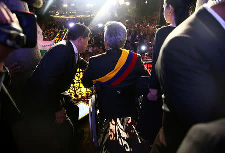 Ecuador's President Lenin Moreno greets supporters from the government palace's balcony after his inauguration ceremony in Quito Ecuador, May 24, 2017. REUTERS/Mariana Bazo