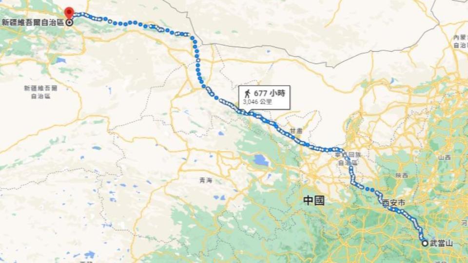 若從武當山出發，距離更長達3046公里。（圖／翻攝自Google Map）