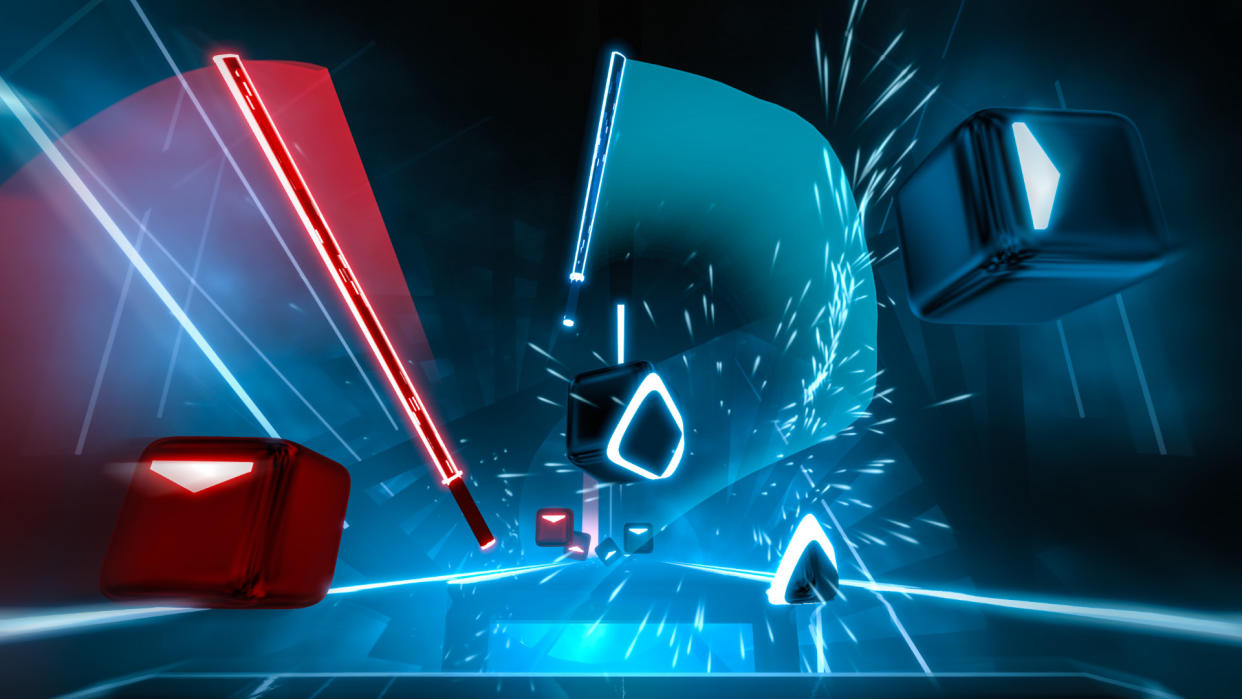  Slicing through colored blocks in Beat Saber 