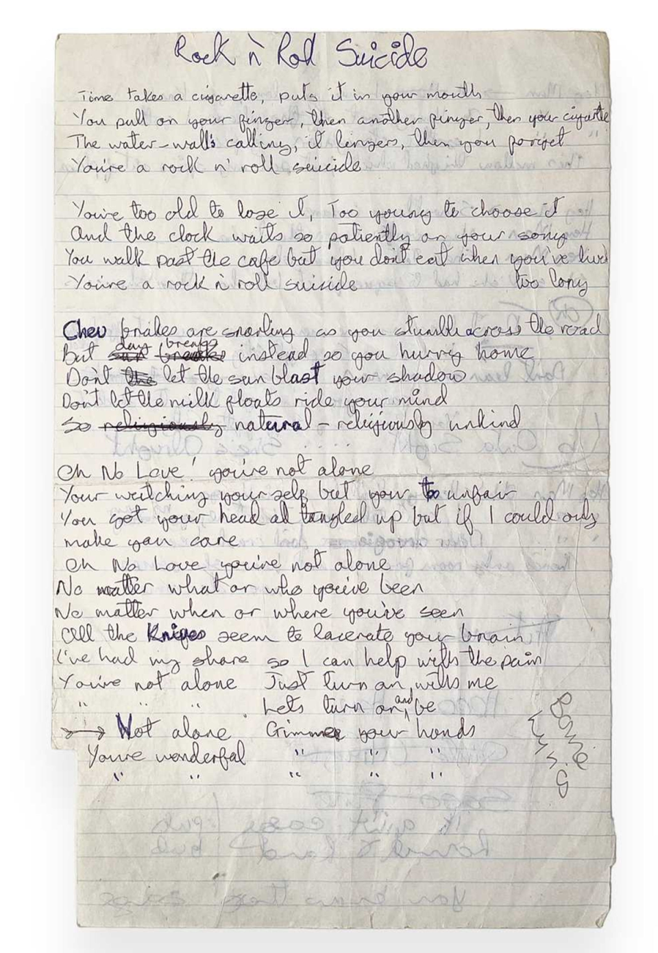 A lyric sheet belonging to David Bowie (PA)