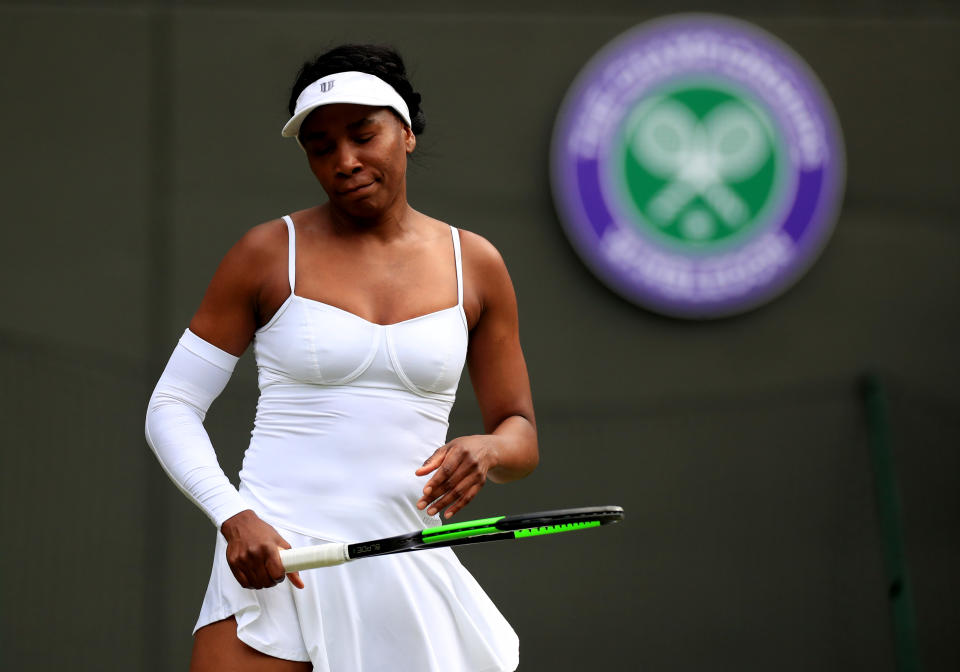 Venus Williams looks dejected during the second set of her match against Cori Gauff on day one of the Wimbledon Championships at the All England Lawn Tennis and Croquet Club, Wimbledon.