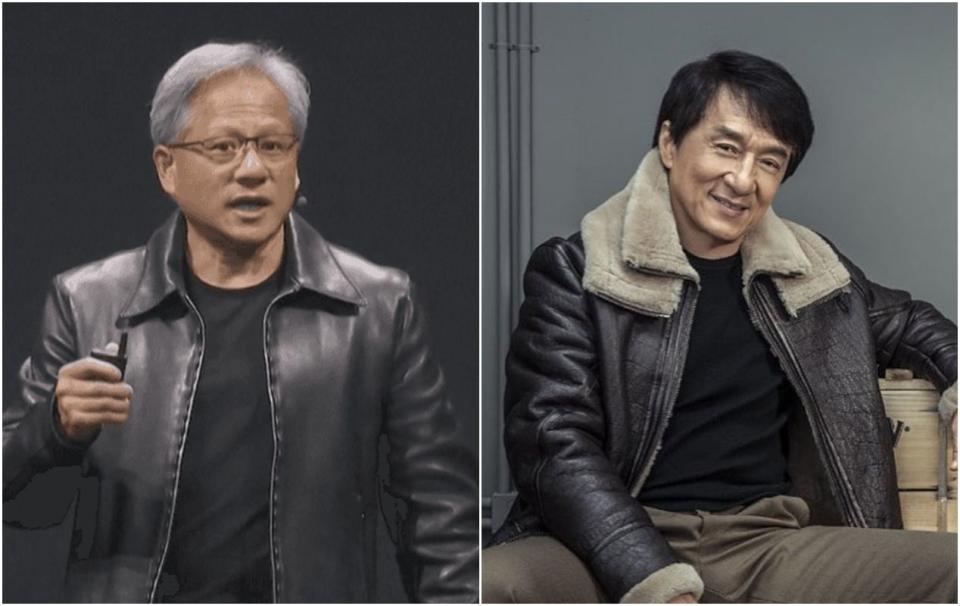 黃仁勳（左）受訪笑談若是拍自傳電影，要找成龍飾演自己。（AFP、翻攝自成龍IG）