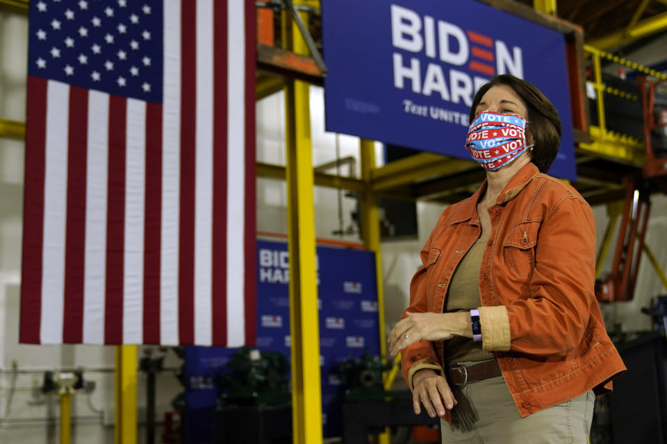 Sen. Amy Klobuchar, D-Minn., attends an event with Democratic presidential candidate former Vice President Joe Biden at a union training center in Hermantown, Minn., Friday, Sept. 18, 2020. (AP Photo/Carolyn Kaster)