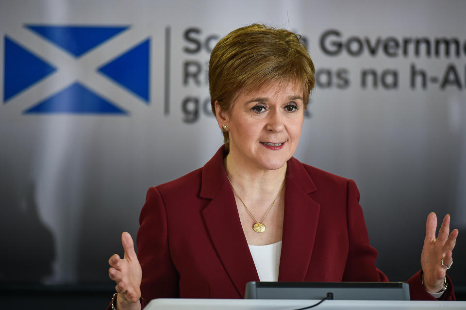 EDINBURGH, SCOTLAND - MARCH 29: The Scottish First Minister Nicola Sturgeon gives a coronavirus briefing at St Andrews House on March 29, 2020 in Edinburgh, Scotland. The Coronavirus (COVID-19) pandemic has spread to many countries across the world, claiming over 30,000 lives and infecting hundreds of thousands more. (Photo by Jeff J Mitchell - WPA Pool/Getty Images)