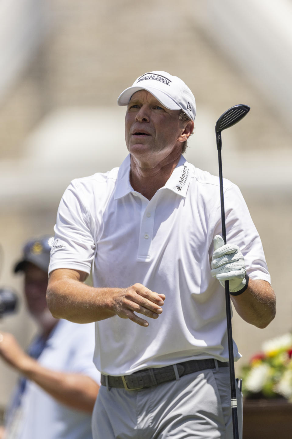 Steve Stricker tracks his shot on the first tee during the final day at the Regions Tradition, a PGA Tour Champions golf event, Sunday, May 15, 2022, in Birmingham, Ala. (AP Photo/Vasha Hunt)