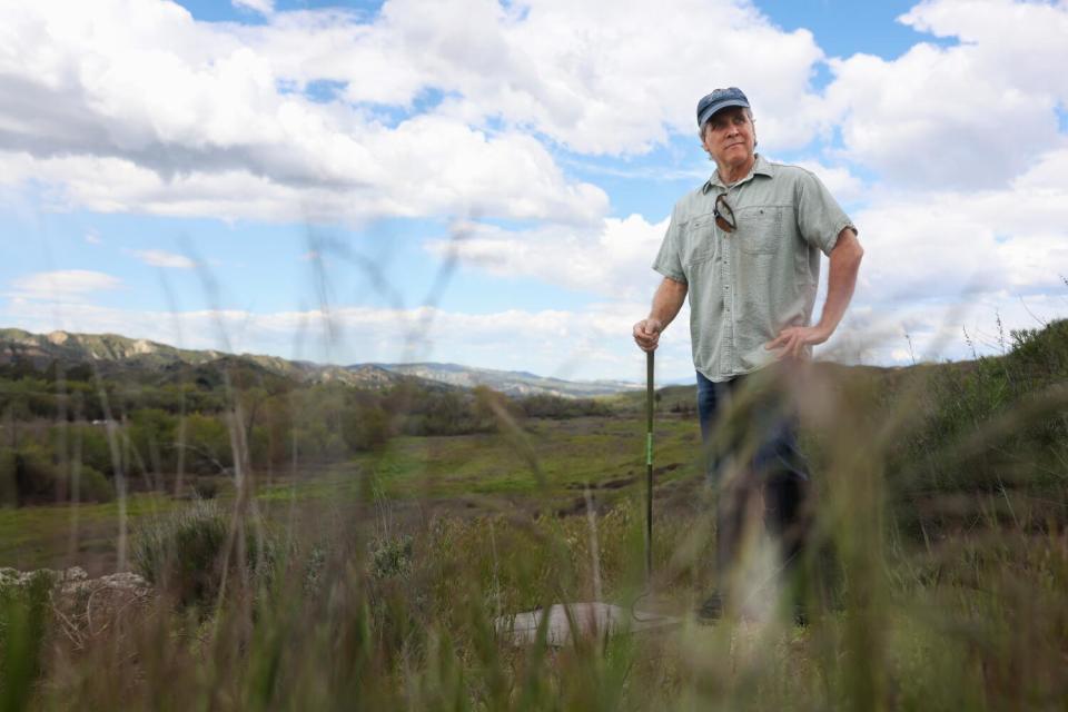 A man stands in a grassy field.