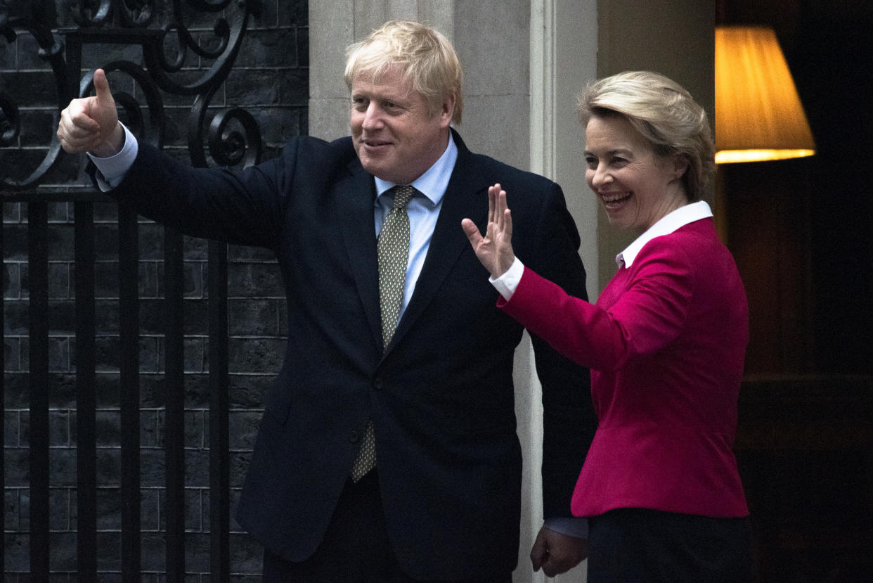 PM Boris Johnson greets EU Commission President Ursula von der Leyen on the door step of No 10 Downing Street in London, UK on January 8, 2020. (Photo by Claire Doherty/Sipa USA)