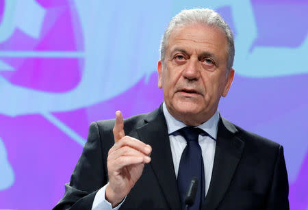 European Commissioner for Migration and Home Affairs Dimitris Avramopoulos addresses a news conference at the EU Commission headquarters in Brussels, Belgium, March 2, 2017. REUTERS/Yves Herman