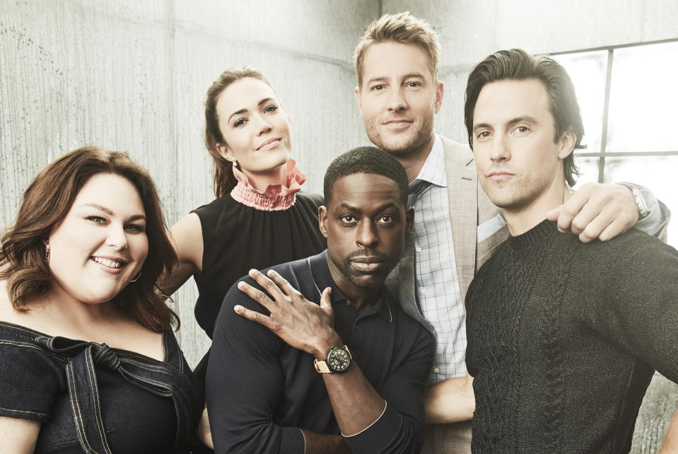 <i>This Is Us </i>stars: Chrissy Metz, Mandy Moore, Sterling K. Brown, Justin Hartley, and Milo Ventimiglia. (Photo: Maarten de Boer/NBC via Getty Images)