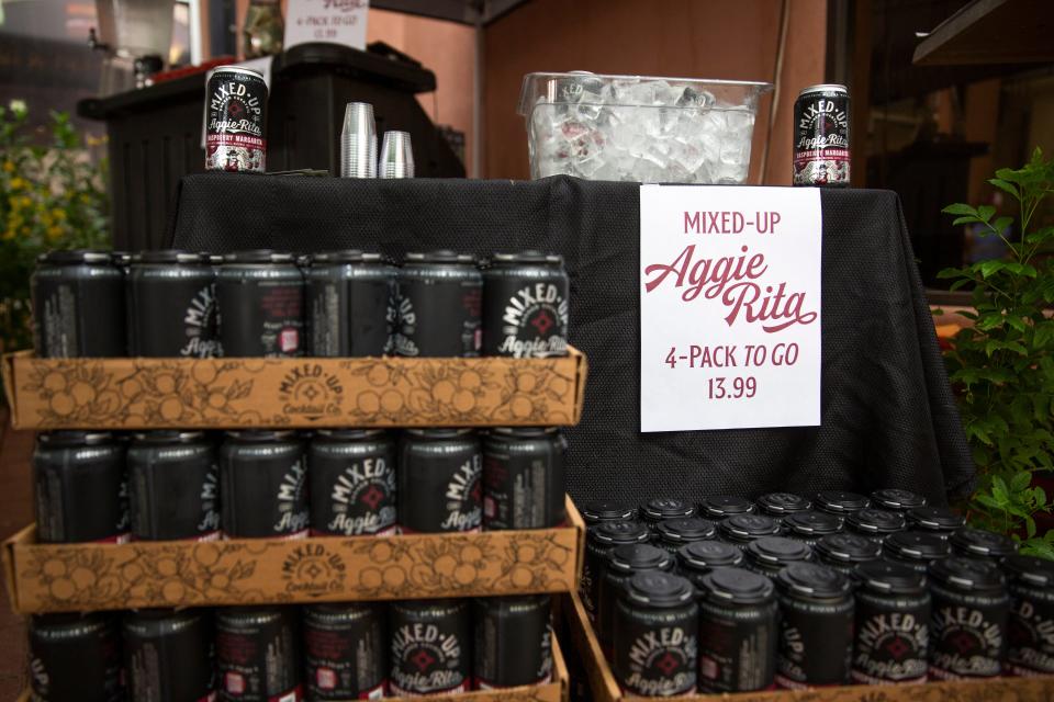 Four packs of the Aggie-Rita, the new Mixed Up canned cocktail, are put on display during the unveiling event of the Aggie-Rita on Wednesday, August 23, 2023, at Little Toad Creek Brewery & Distillery.