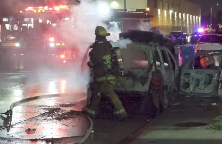 Man suffers burns after someone lights his car on fire with him inside. LAPD arrived and found a male severely burnt that had been inside of the burning 451 E 102nd St on Sunday August 6, 2023. LAFD paramedics transported the male with 3rd degree burns to an area hospital