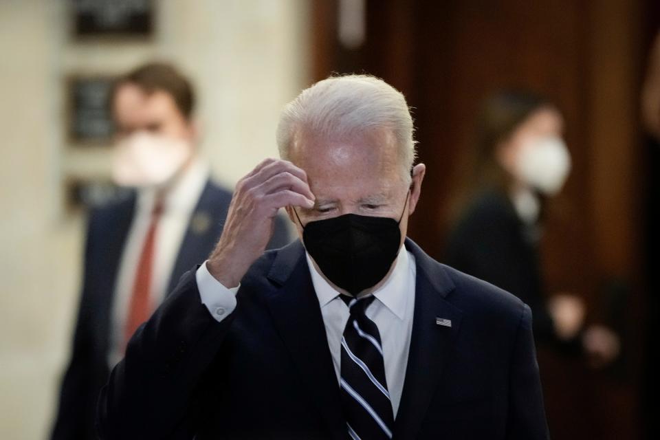 WASHINGTON, DC - JANUARY 13: U.S. President Joe Biden leaves a meeting with Senate Democrats in the Russell Senate Office Building on Capitol Hill on January 13, 2022 in Washington, DC.