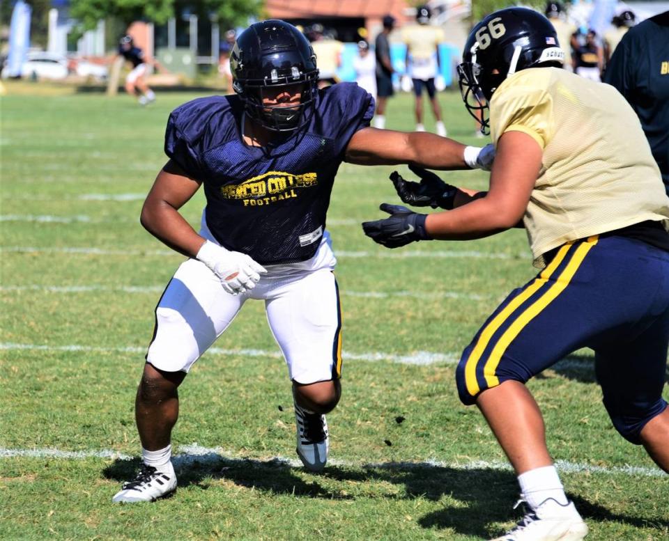 Merced College sophomore Jaylen Thao-Booth goes through defensive drills during practice on Wednesday, Aug. 30, 2023 at Merced College.