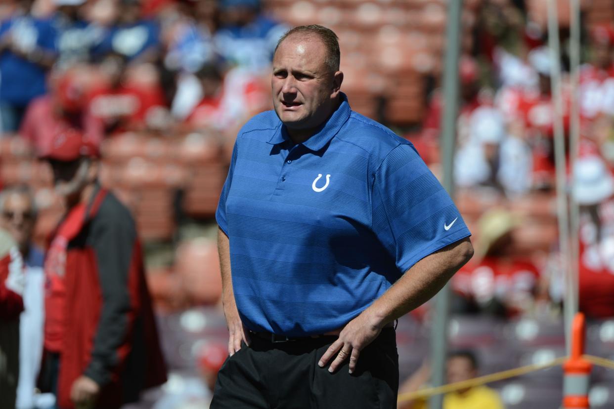 September 22, 2013; San Francisco, CA, USA; Indianapolis Colts offensive line coach Joe Gilbert looks on before the game against the San Francisco 49ers at Candlestick Park. The Colts defeated the 49ers 27-7. Mandatory Credit: Kyle Terada-USA TODAY Sports