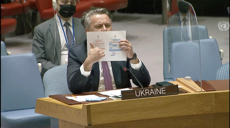 In this image made from UNTV video, Ukraine's Ambassador to the United Nations Sergiy Kyslytsya speaks during an emergency U.N. Security Council meeting at U.N. headquarters, Monday, Feb. 21, 2022. (UNTV via AP)