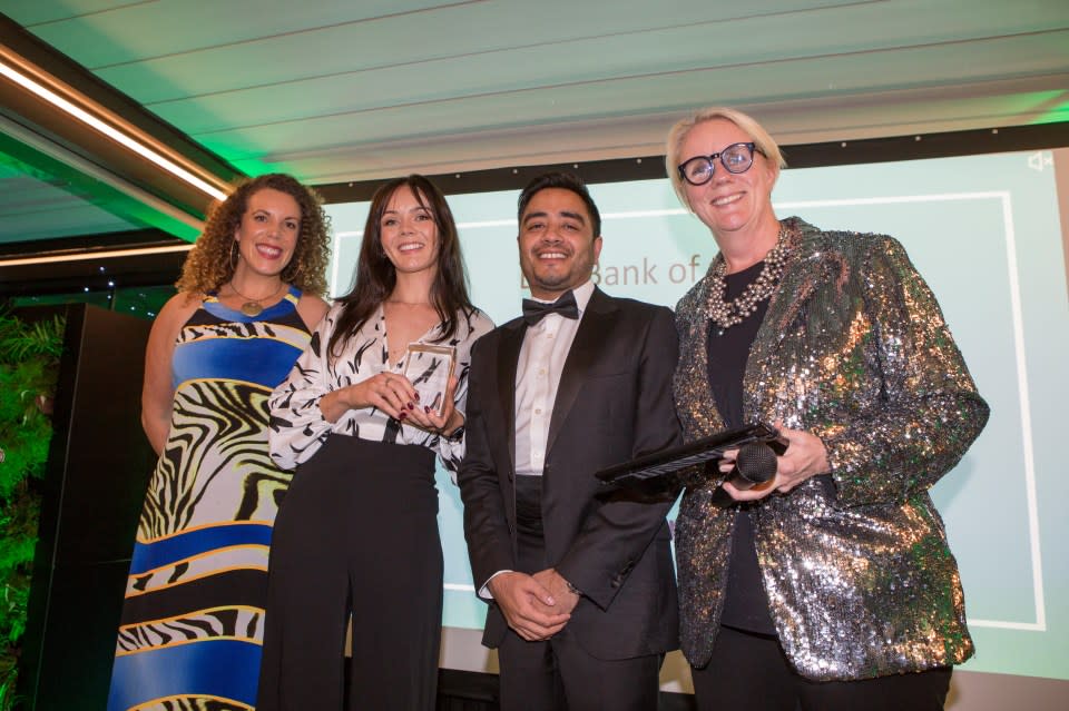 Bank of the Year Award sponsored by Needi goes to Starling . From left to right Louise Doyle of Needi, Lauren Williams and Amar Panchal Starling bank and Julia Streets, Awards Host