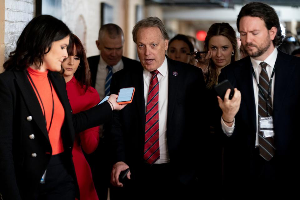 Rep. Andy Biggs, R-Ariz., arrives for a closed-door meeting with the GOP Conference during opening day of the 118th Congress at the U.S. Capitol in Washington, Tuesday, Jan. 3, 2023.