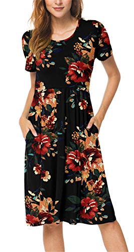 DB MOON Women Summer Casual Short Sleeve Dresses Empire Waist Dress with Pockets (Brown Floral Black, XS) (Amazon / Amazon)