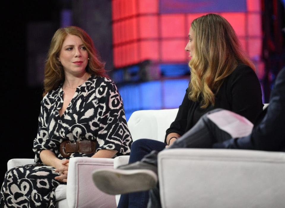 Toronto , Canada - 21 June 2022; Speakers, from left, Lindsay Kaplan, Co-founder & Chief Brand Officer, Chief, Carolyn Childers, Co-founder & CEO, Chief, and Ty Montague, Co-founder & CEO, co:collective, on Centre Stage during day one of Collision 2022 at Enercare Centre in Toronto, Canada. (Photo By Lukas Schulze/Sportsfile for Collision via Getty Images)