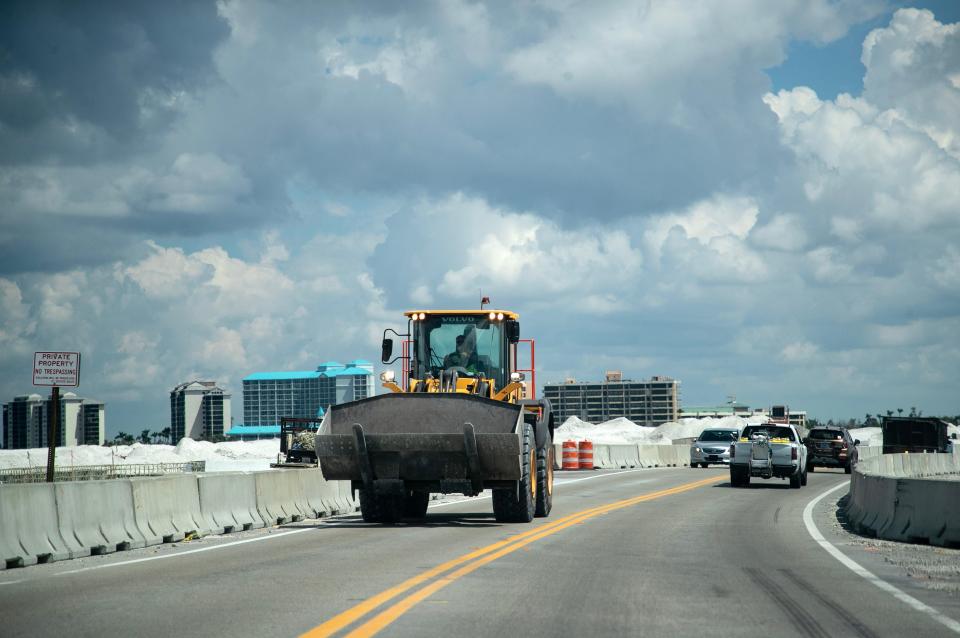 Crews work on repairs and improvements on the Sanibel Causeway on Monday, Sept. 18, 2023.
