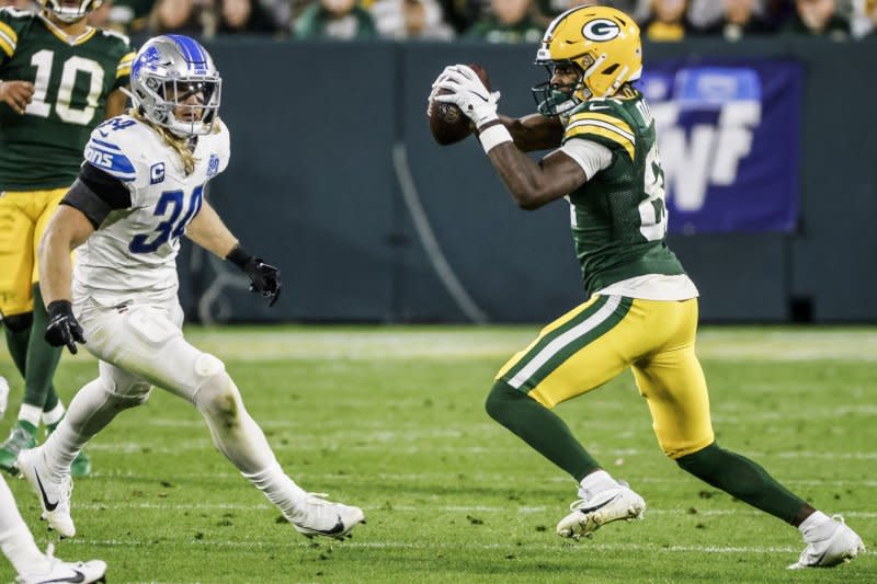 Green Bay Packers wide receiver Romeo Doubs (R) is a fantasy football WR2/WR3 in Week 5. File Photo by Tannen Maury/UPI