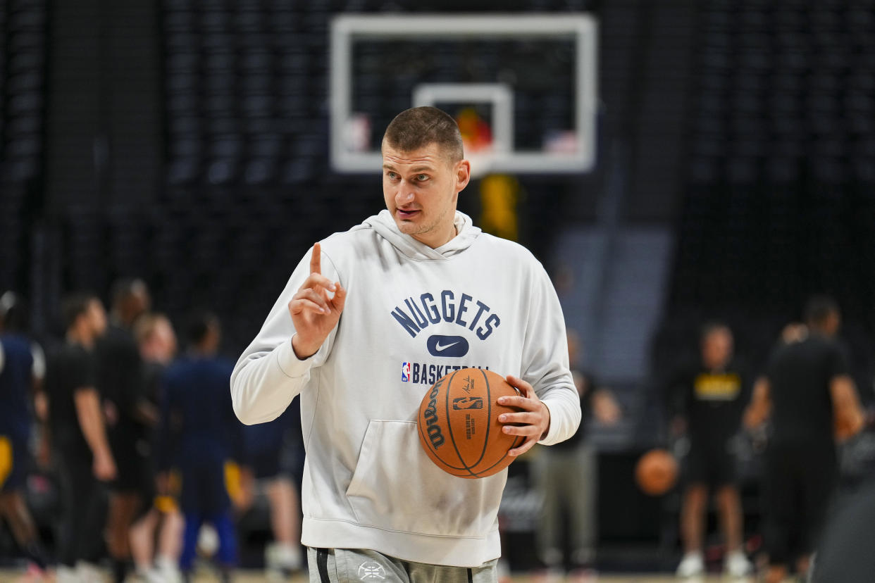 Denver Nuggets center Nikola Jokic practices during an NBA Finals open practice, Sunday, June 11, 2023, in Denver. The Nuggets take on the Miami Heat in Game 5 of the NBA Finals on Monday. (AP Photo/Jack Dempsey)