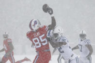 <p>Buffalo Bills’ Charles Clay, left, tries to make a catch over Indianapolis Colts’ T.J. Green during the first half of an NFL football game, Sunday, Dec. 10, 2017, in Orchard Park, N.Y. (AP Photo/Jeffrey T. Barnes) </p>