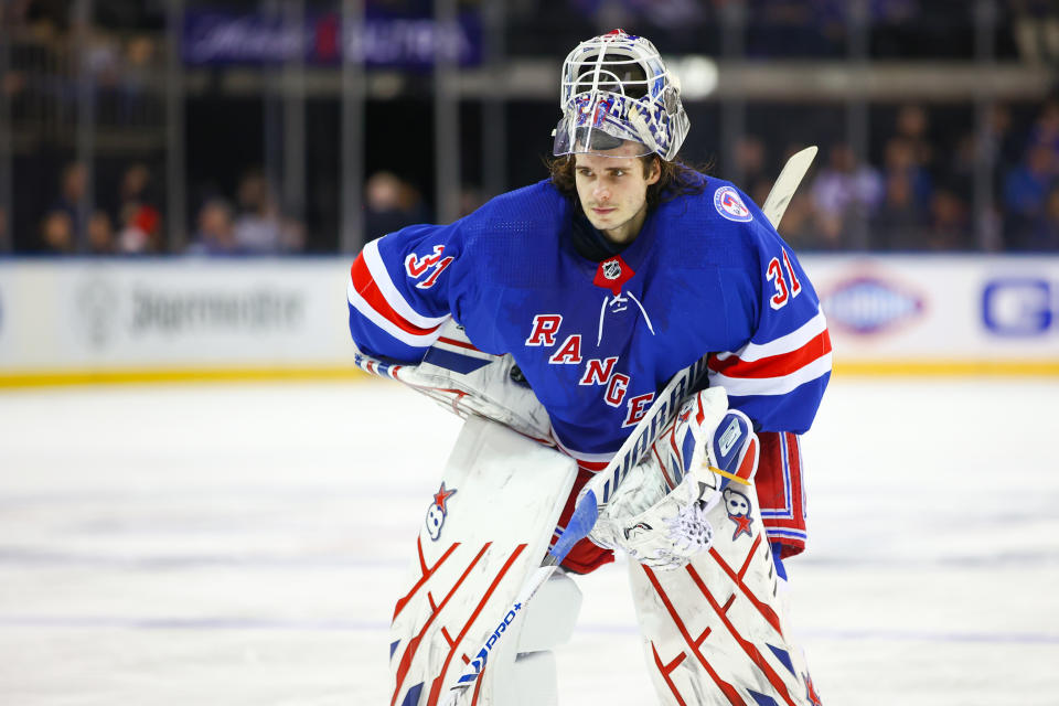 NEW YORK, NY - FEBRUARY 01: New York Rangers Goaltender Igor Shesterkin (31) is pictured during the third period of the National Hockey League game between the Florida Panthers and the New York Rangers on February 1, 2022 at Madison Square Garden in New York, NY. (Photo by Joshua Sarner/Icon Sportswire via Getty Images)