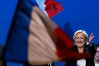 <p>French far-right presidential candidate Marine Le Pen waves to supporters during her meeting, Monday May 1, 2017, in Villepinte, outside Paris. With just six days until a French presidential vote that could define Europe’s future, far-right leader Marine Le Pen and centrist Emmanuel Macron are holding high-stakes rallies Monday. (AP Photo/Francois Mori) </p>