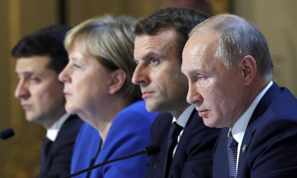 At a summit in Paris in December 2019, from left to right: Ukraine’s president Volodymyr Zelenskiy; the then German chancellor Angela Merkel; French president Emmanuel Macron; Russian president Vladimir Putin.