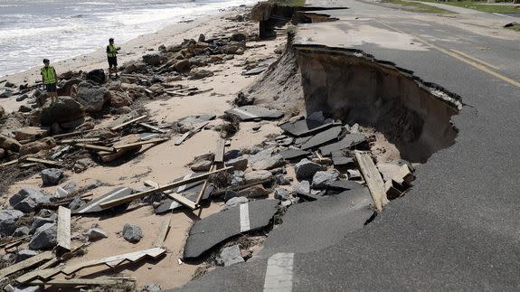 Highway A1A, washed out by Hurricane Matthew, Saturday, Oct. 8, 2016, in Flagler Beach, Fla.