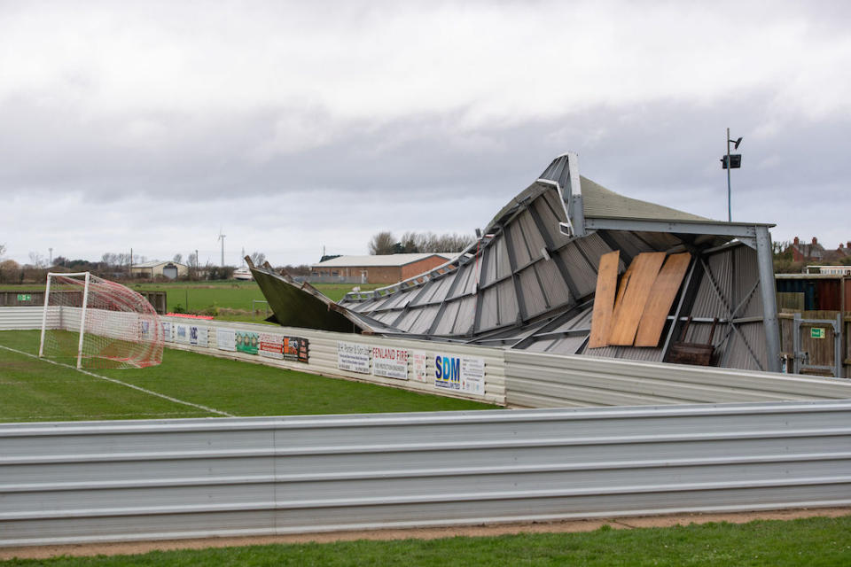 Damage to one of the stands at Wisbech Town Football Club in Cambridgeshire. (PA)