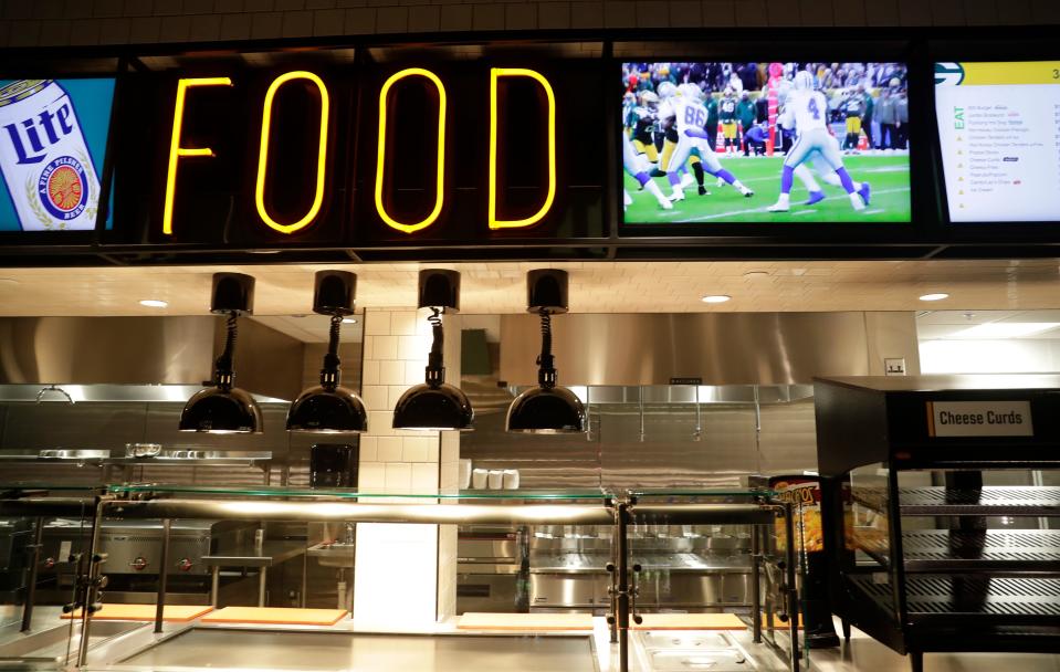 A new grab-and-go food station in the Lambeau Field concourse pictured during a media tour on Aug. 15, 2023, in Green Bay, Wis. Ten new grab-and-go stations were added on the third level.